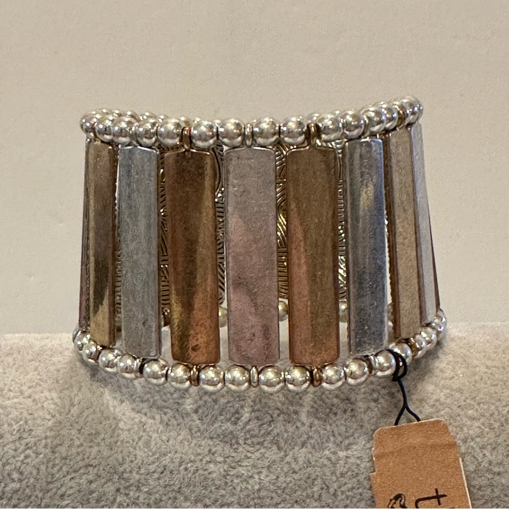 NWT The Sak Bracelet- antiqued silver & gold tone, stretch, wide - Picture 6 of 11